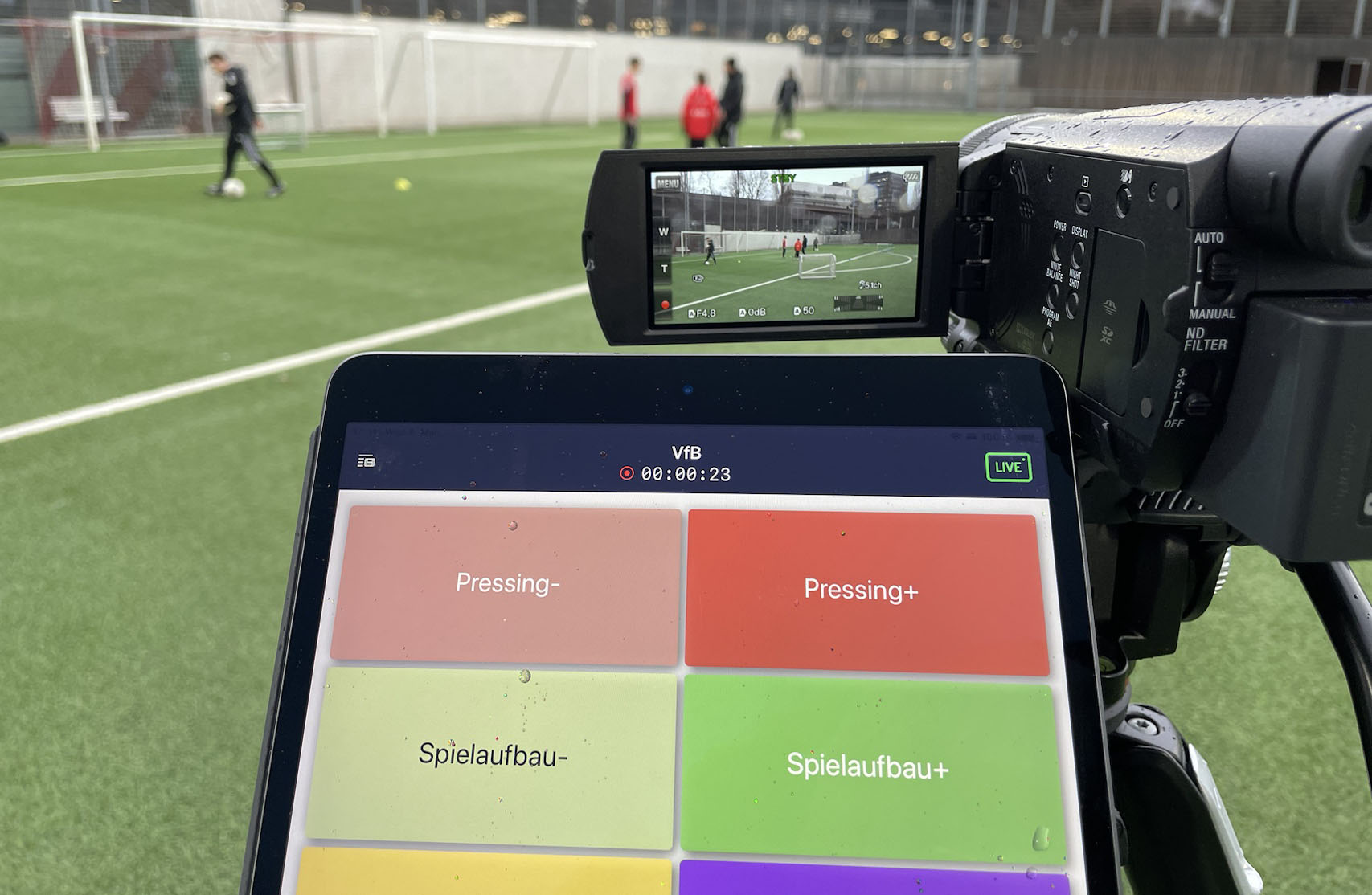 videocoach live analysis during football training with a camera and tagging on a tablet