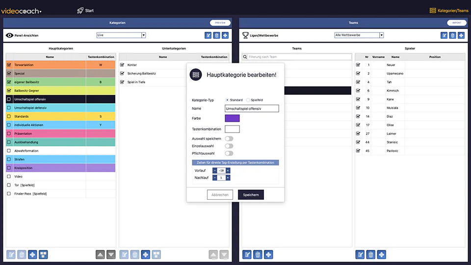 videocoach Oberfläche für die individuelle Kategorisierung