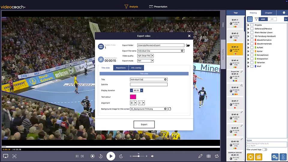 Quick video export in videocoach