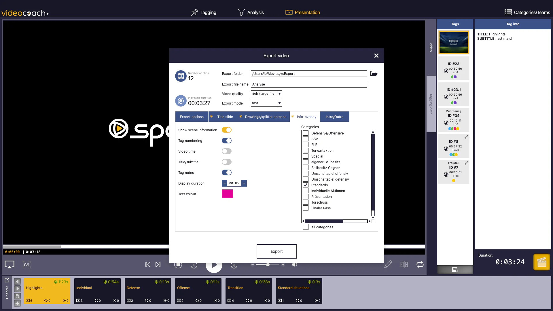 Automatic scene information overlays in videocoach
